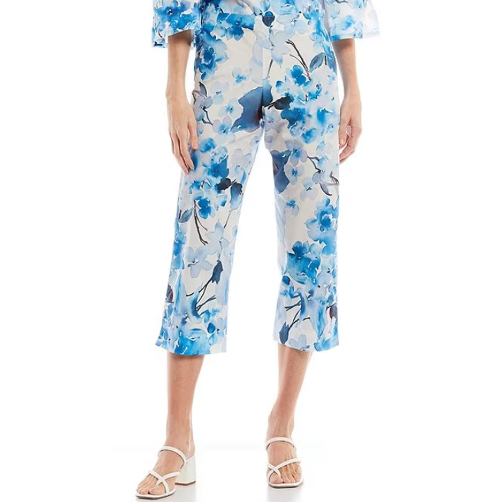 Bryn Walker Fiori Floral Print Slim Straight Leg Capri Pants Size XL Blue White